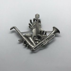Silver tone pewter hands holding instrument brooch pin Guitar Saxophone Trumpet